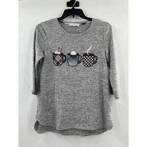 Cactus + Pearl Heather Grey Sweater Medium Coffee Hot Cocoa Embroidery Hi Low
